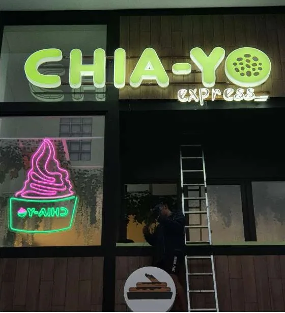 Chia-Yo Express lit fascia letters and window neon